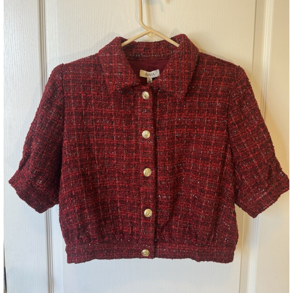 NWT AVARA Jacket Women’s Red Plaid Button Front Short Sleeve Pockets Size L